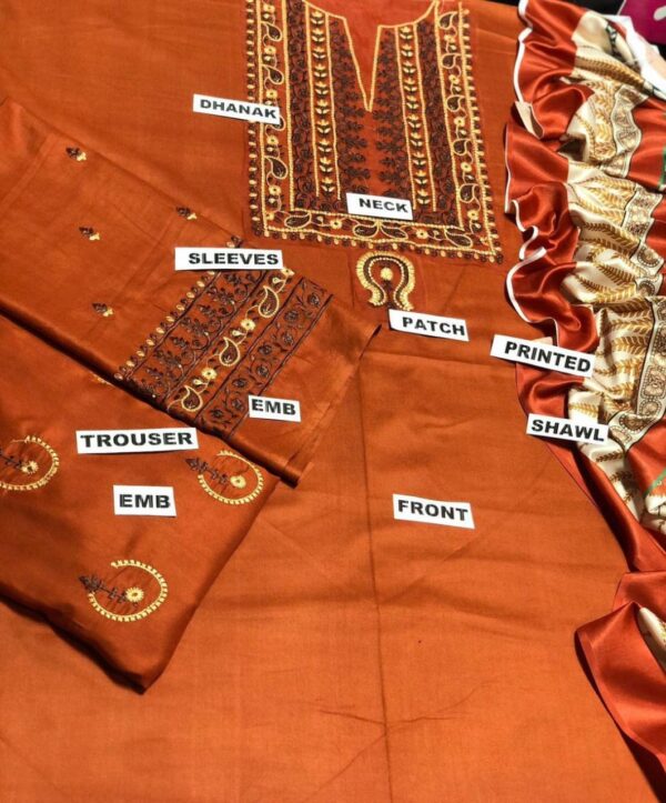 3 Pcs Women's Unstitched Dhanak Embroidered Suit - Image 4